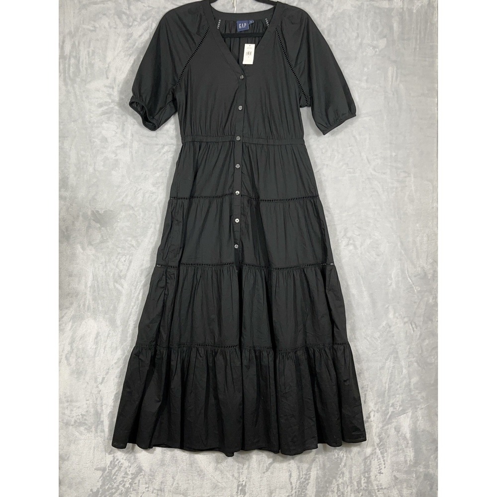 NWT Gap Maxi Dress Black Tiered Minimalist S Cottagecore Eyelet Button Front
